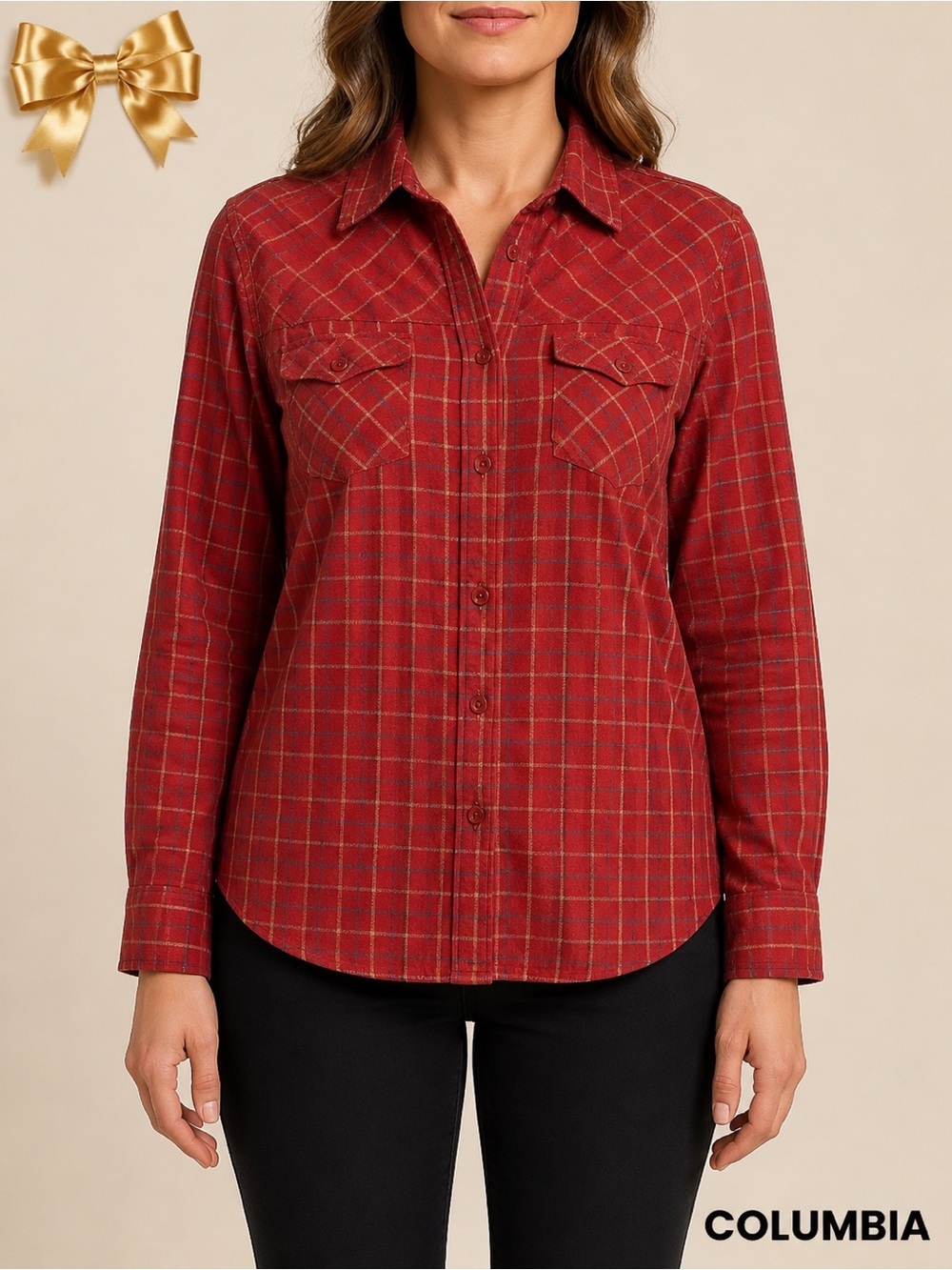 Columbia Red Flannel Shirt Pearl Plaid Size Medium